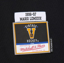 Load image into Gallery viewer, Men&#39;s Mitchell &amp; Ness Pittsburgh Penguins Mario Lemieux Black 1996-97 Captain&#39;s Patch Blue Line NHL Vintage Jersey
