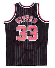 Load image into Gallery viewer, Men’s Mitchell &amp; Ness Scottie Pippen Chicago Bulls Black Pinstripe NBA Hardwood Classics Swingman Jersey
