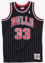 Load image into Gallery viewer, Men’s Mitchell &amp; Ness Scottie Pippen Chicago Bulls Black Pinstripe NBA Hardwood Classics Swingman Jersey
